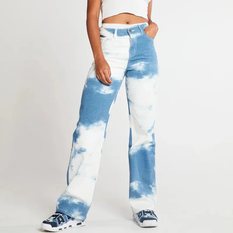 Tie Dye Print Straight Leg Jeans For Women