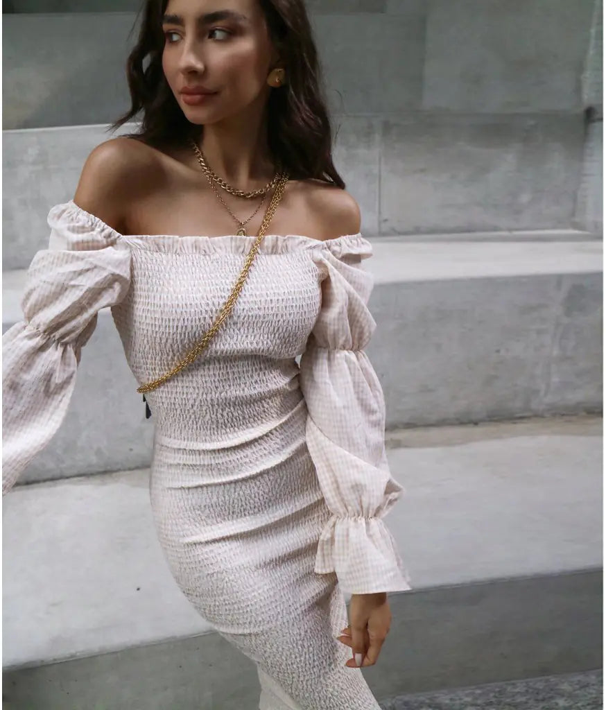 Off-Shoulder Long Sleeve Dress with Puff Sleeves