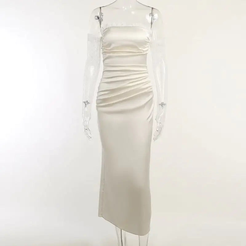 Lace Off-Shoulder Satin Dress with Long Sleeves