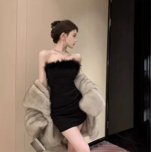 Ostrich Feather Spliced Bodycon Dress with Off-Shoulder