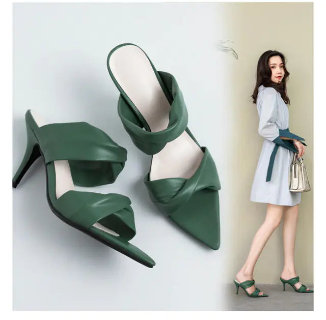 Women's Green Pointed Toe High Heel Sandals with Bow
