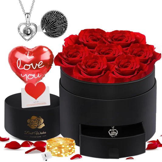Preserved Flowers in a Box with Necklace Valentines Day Gift for Her Flower for Delivery Prime That Last 3-5 Years 7 Forever Red Roses for Mom Wife Women Girlfriend Wedding Anniversary Birthday Gifts