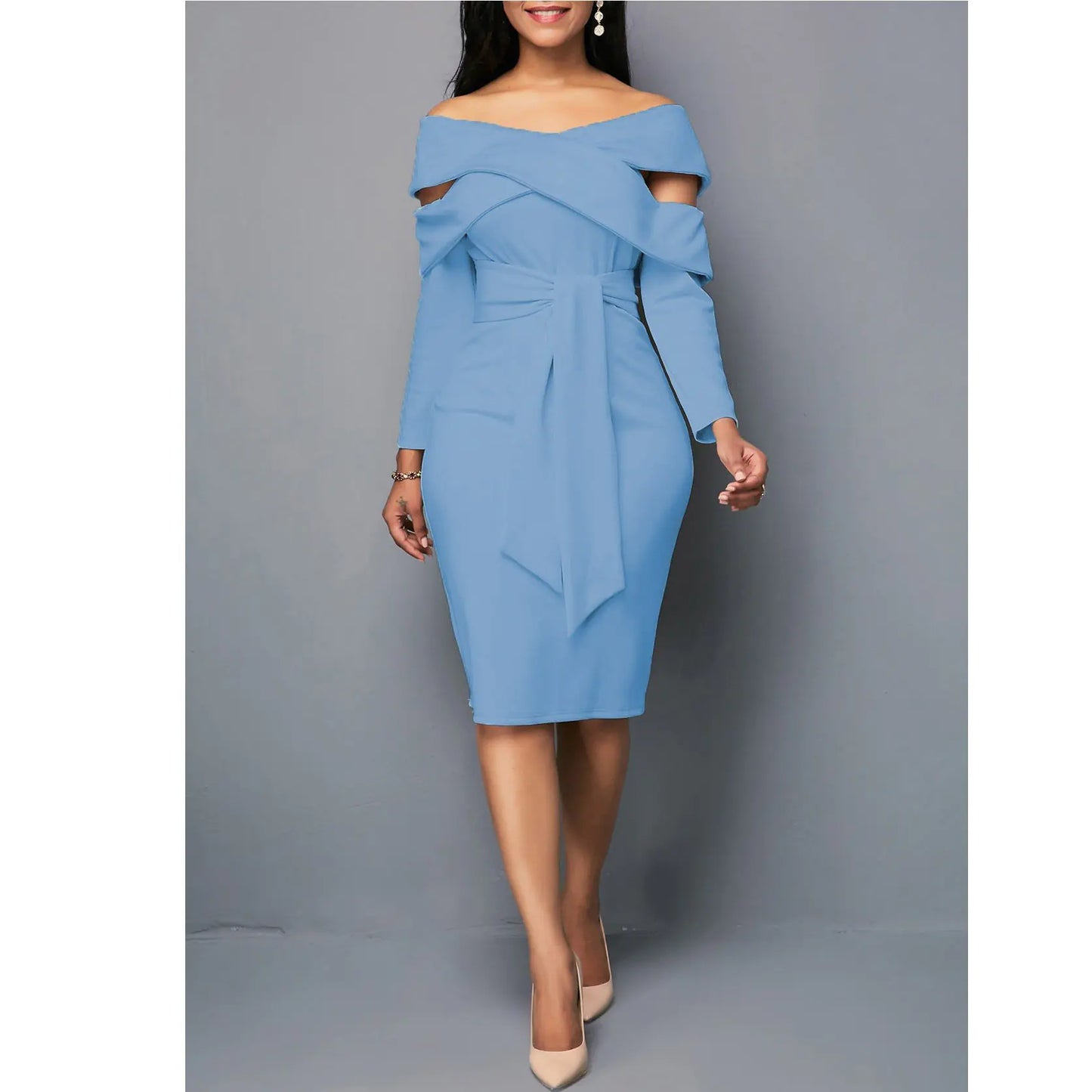 Slim Fit One-Line Neck Long Sleeve Dress in Solid Color