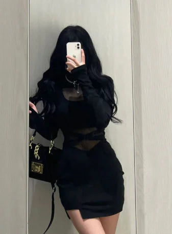 Black Fishbone Long Sleeve Dress for Women