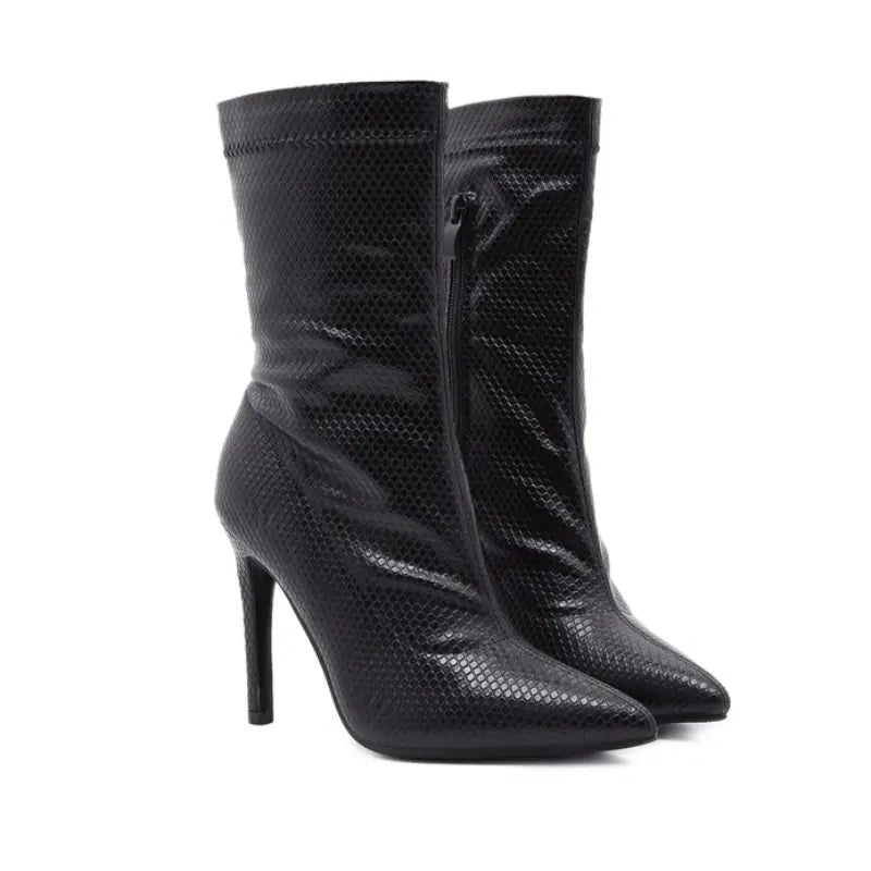 Snake Pattern Pointed Toe Stiletto Ankle Boots for Women