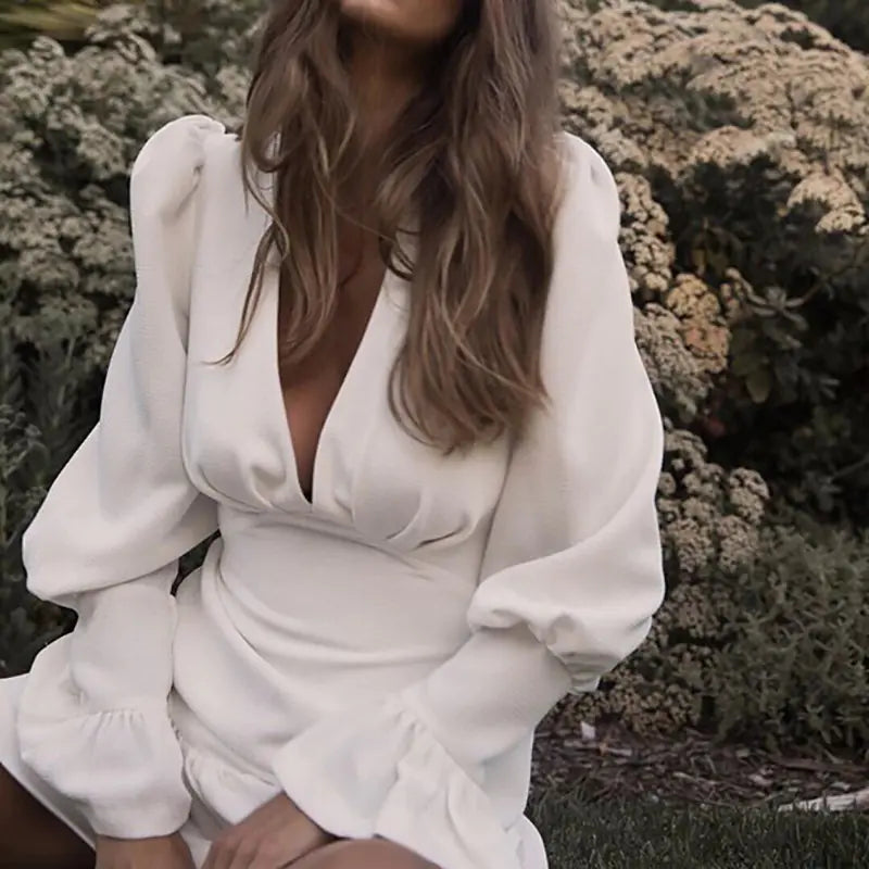 V-Neck Solid Color Long Sleeve Ruffled Dress for Women