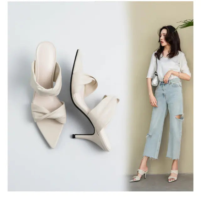 Women's Green Pointed Toe High Heel Sandals with Bow