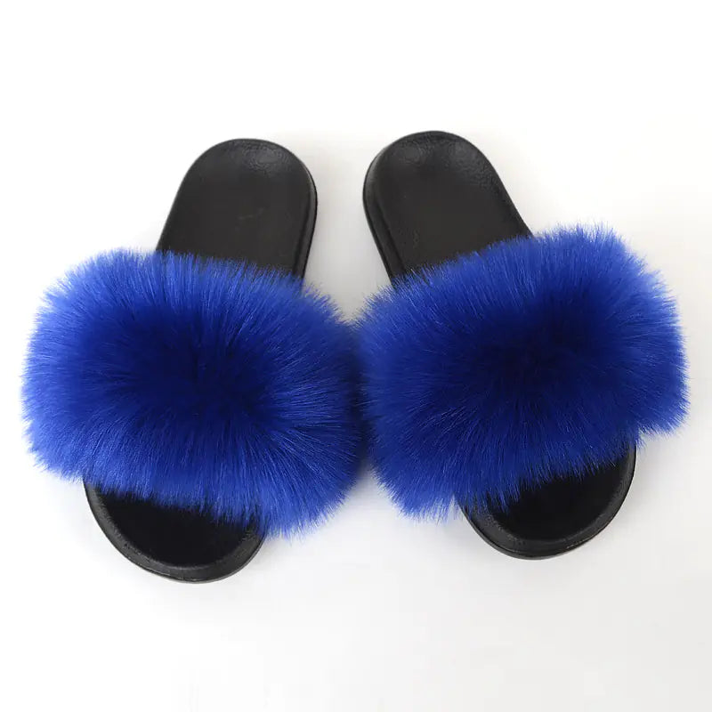 Non-Slip Plush Faux Fox Fur Slippers for Women