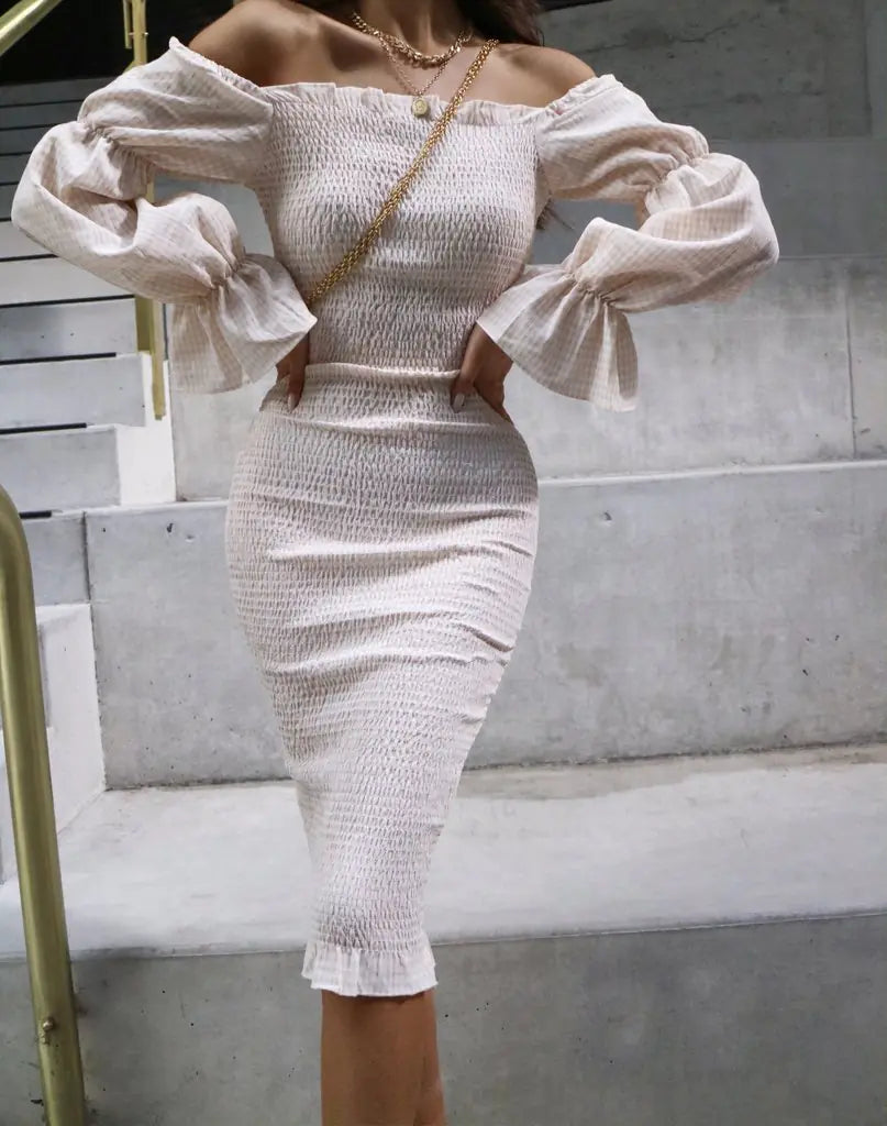 Off-Shoulder Long Sleeve Dress with Puff Sleeves