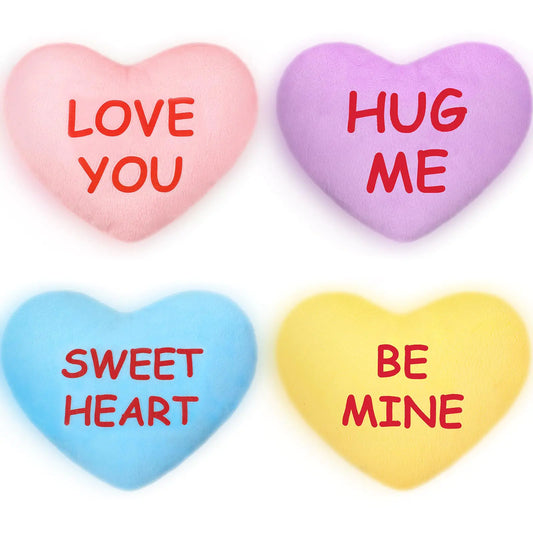 Hanaive 4 Pcs Valentines Day Plush Conversation Hearts 6 Inch Stuffed Valentines Day Toys Soft Cuddly Heart Shaped Plush Toys for Wedding Holiday Classroom Party Class Decor Boys Girls (Sweet)