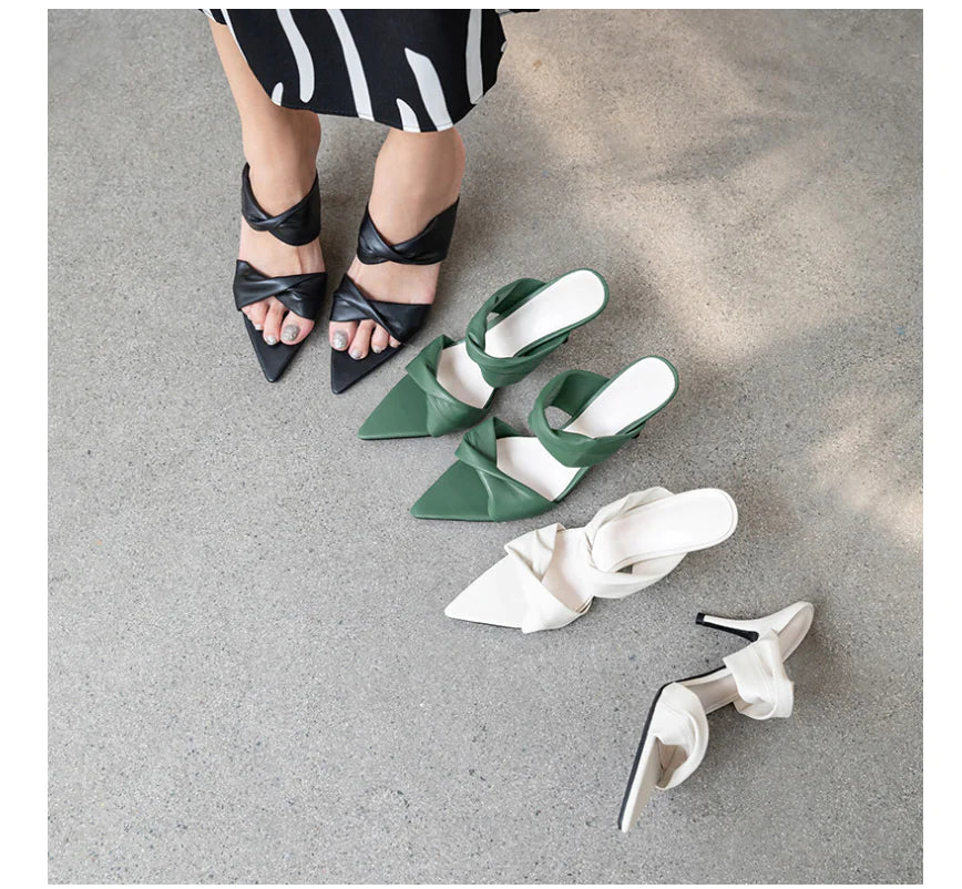 Women's Green Pointed Toe High Heel Sandals with Bow