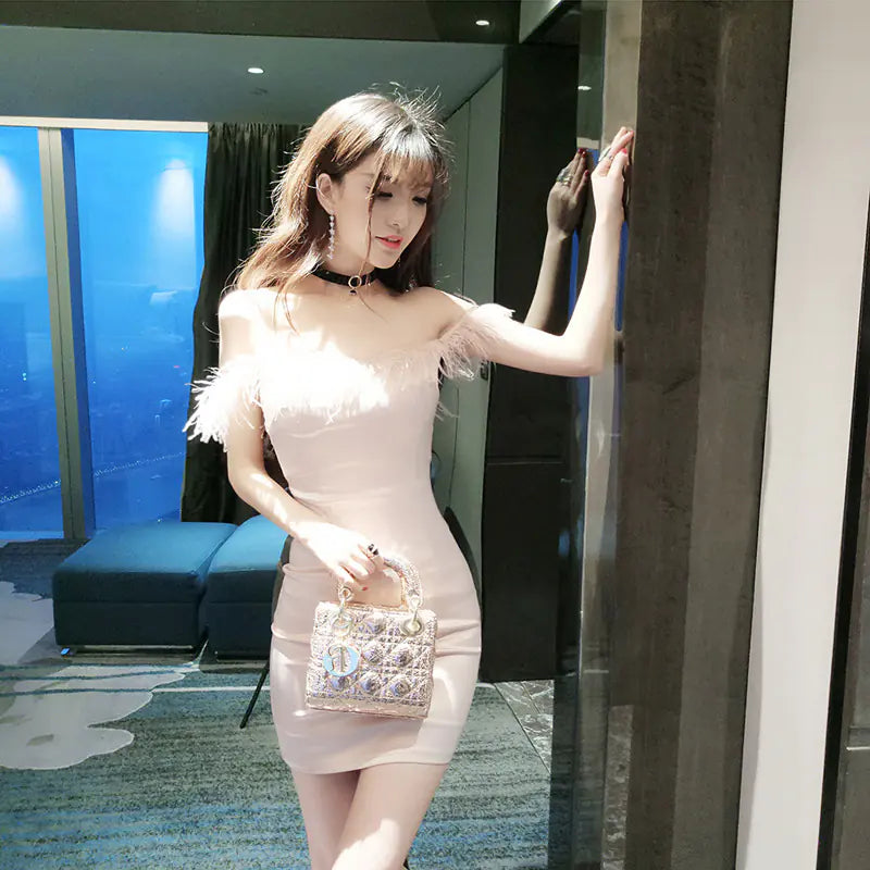 Ostrich Feather Spliced Bodycon Dress with Off-Shoulder