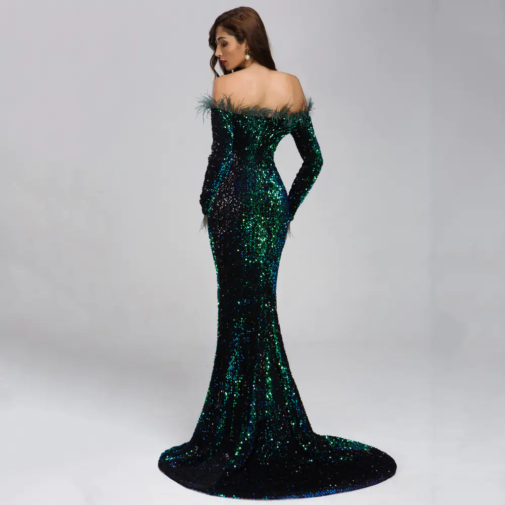 Off-Shoulder Sequin Dress with Feather Long Sleeves