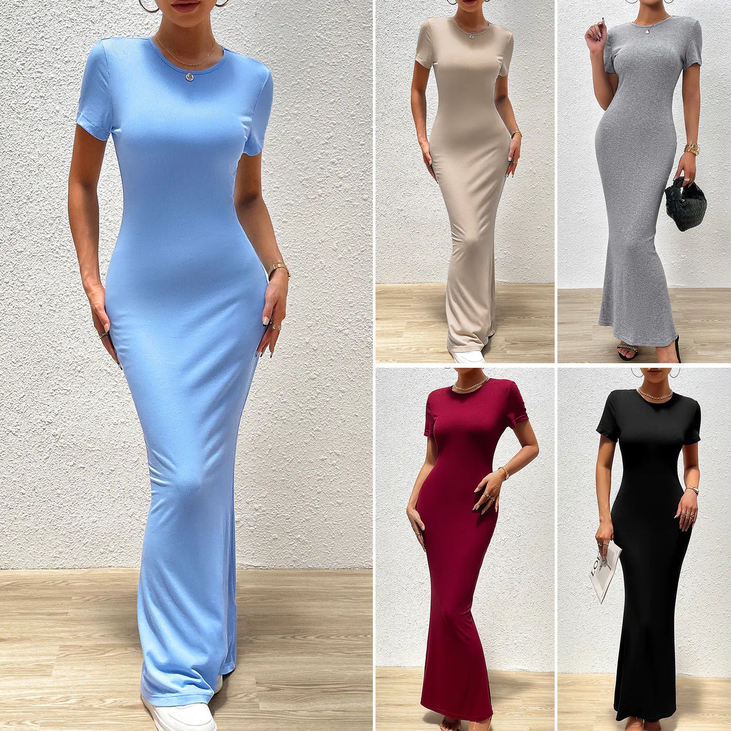 Elegant Solid Color Slim Fit Round Neck Dress