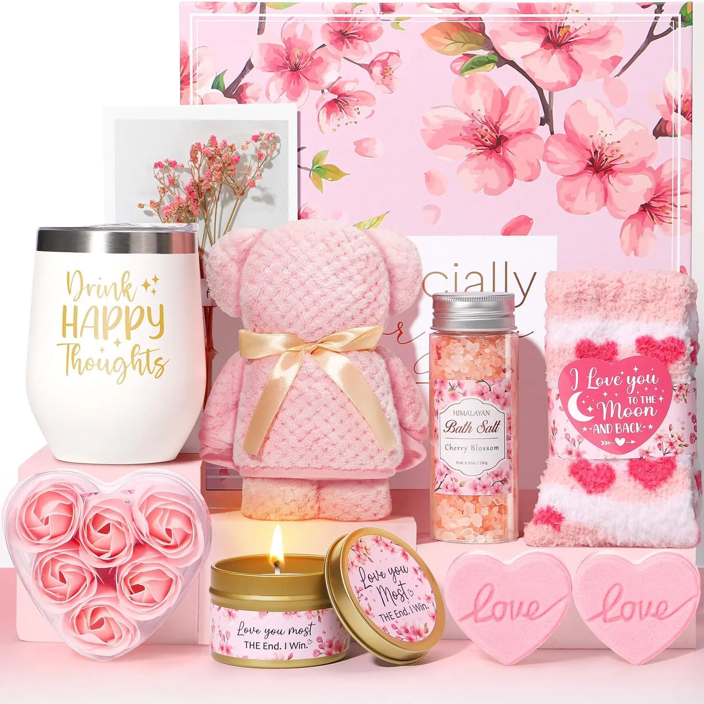 Valentines Day Gifts for Women Her Wife Girlfriend Cherry Blossom Bath Spa Gifts Set Relaxing Anniversary Self Care Gift Baskets for Women Unique Birthday Gifts for Mom Sister Daughter Aunt Friends
