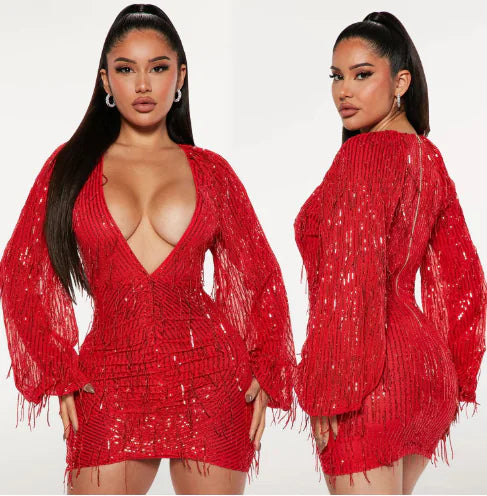 V-neck Sequin Tassel Dress for Women