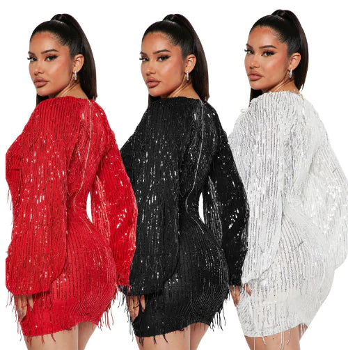 V-neck Sequin Tassel Dress for Women