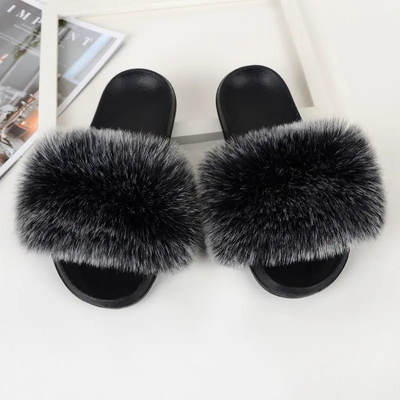 Non-Slip Plush Faux Fox Fur Slippers for Women