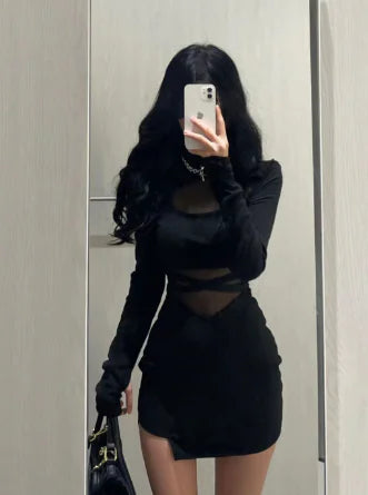 Black Fishbone Long Sleeve Dress for Women