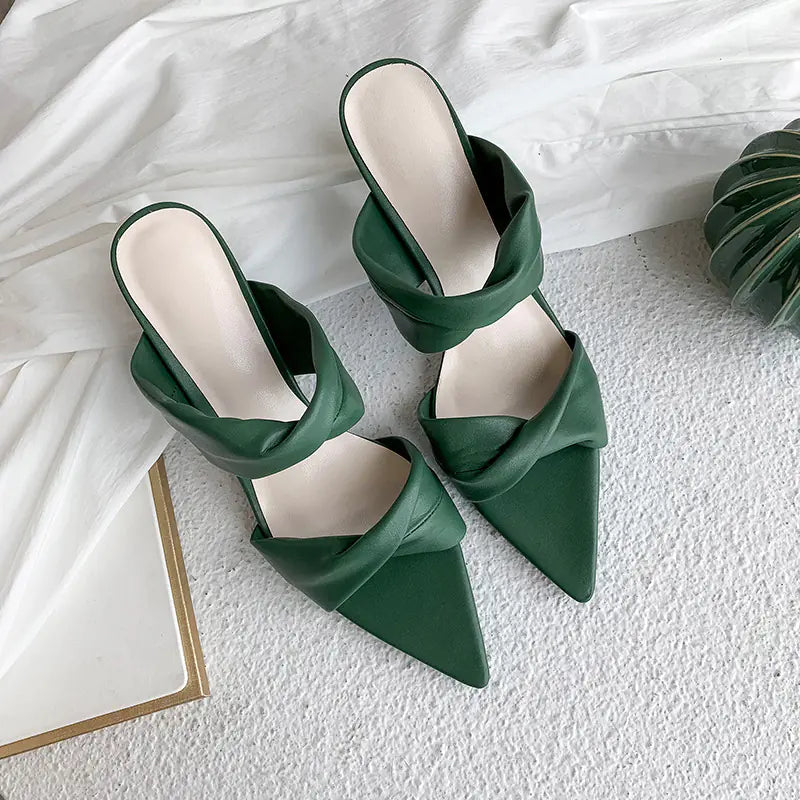 Women's Green Pointed Toe High Heel Sandals with Bow