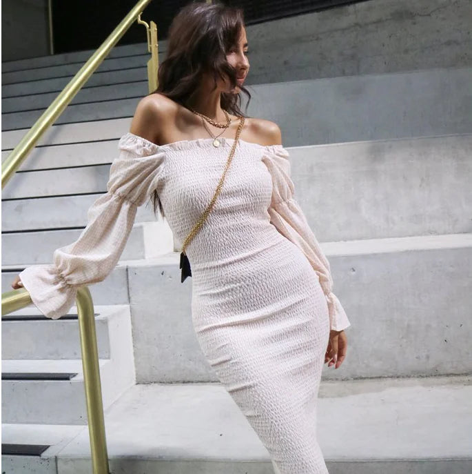 Off-Shoulder Long Sleeve Dress with Puff Sleeves