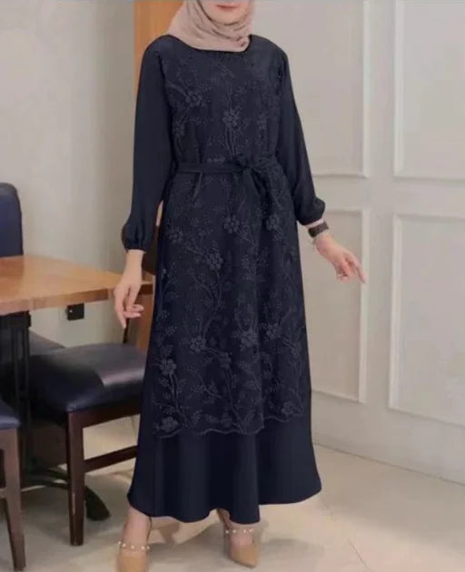 Floral Lace Dress with Round Neck