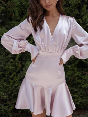 V-Neck Solid Color Long Sleeve Ruffled Dress for Women