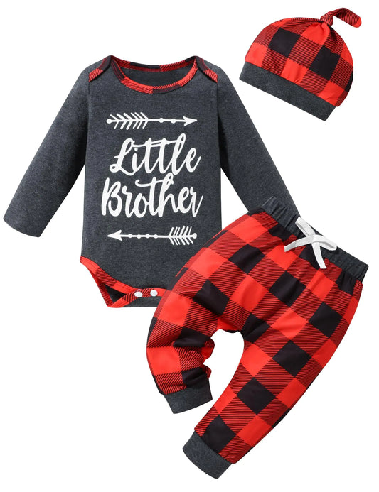 KISSB Baby Boy Outfits Little Brother Print Long Sleeve Romper Plaid Pants Red Hat 3Pcs 6-9 Month Boy Clothes