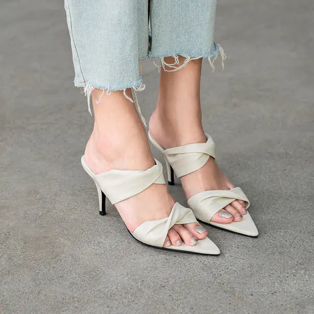 Women's Green Pointed Toe High Heel Sandals with Bow