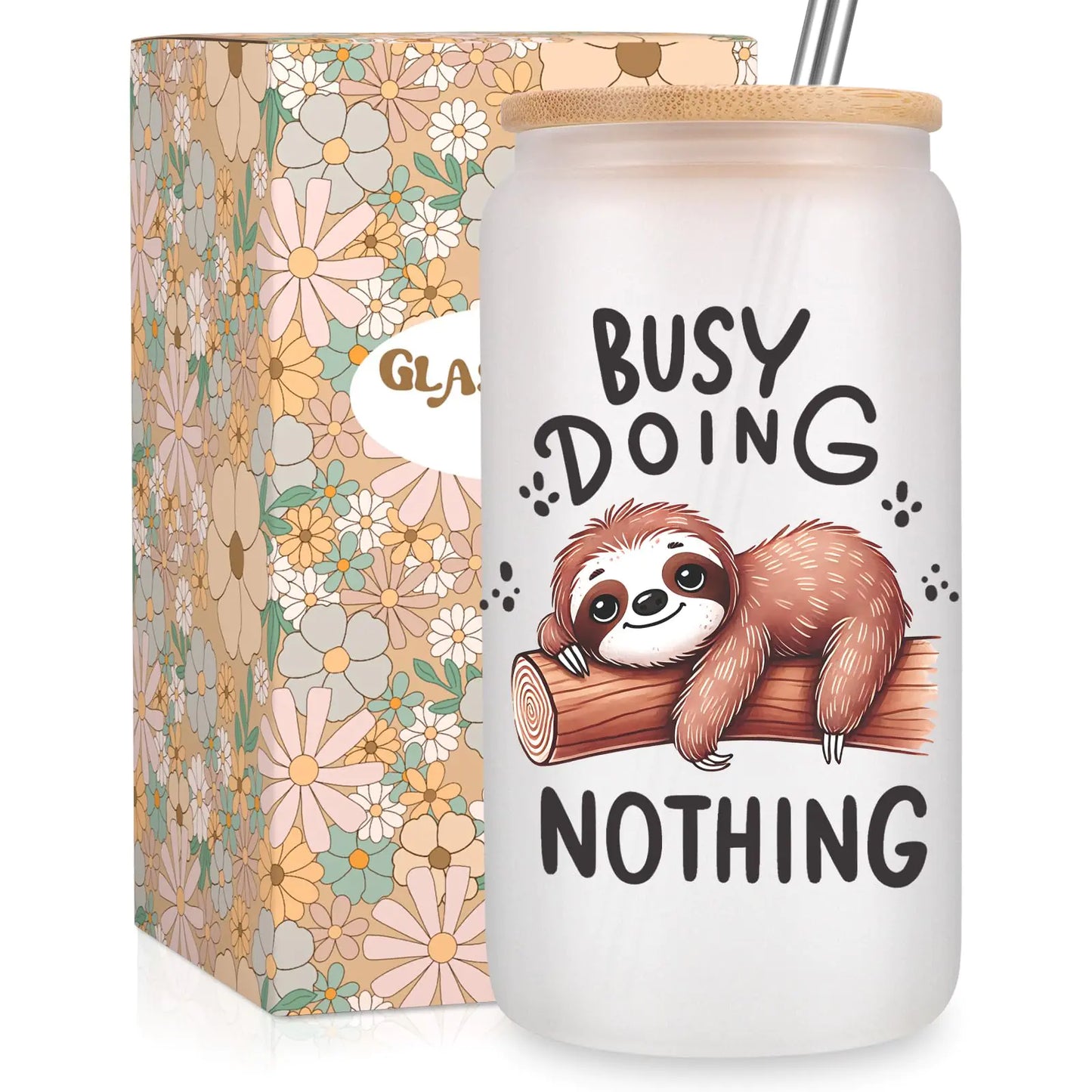 Fairys Gift Sloth Gifts Cute Sloth Glass Cup with Lid Straw 16 oz Frosted Iced Coffee Cups Sloth Stuff Funny Sloth Gifts for Women Girls Bday Valentines Sloth Themed Gifts for Sloth Lovers