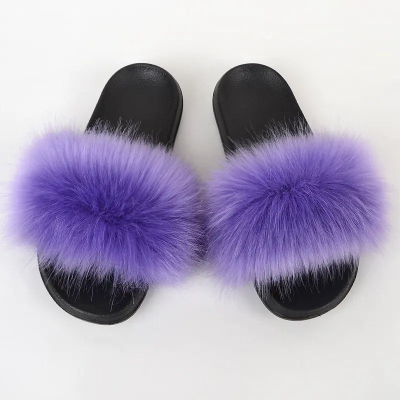 Non-Slip Plush Faux Fox Fur Slippers for Women