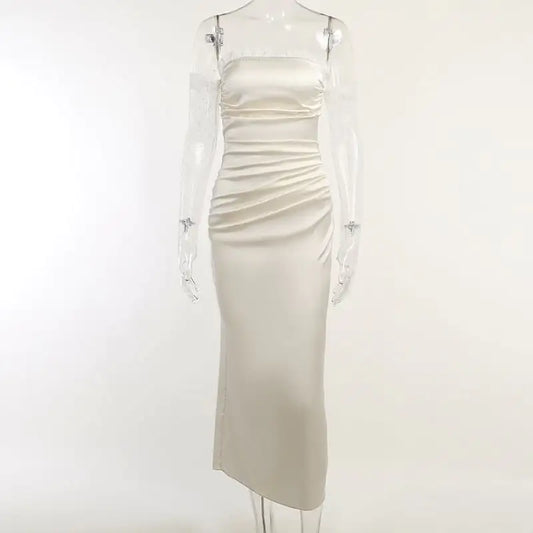 Lace Off-Shoulder Satin Dress with Long Sleeves