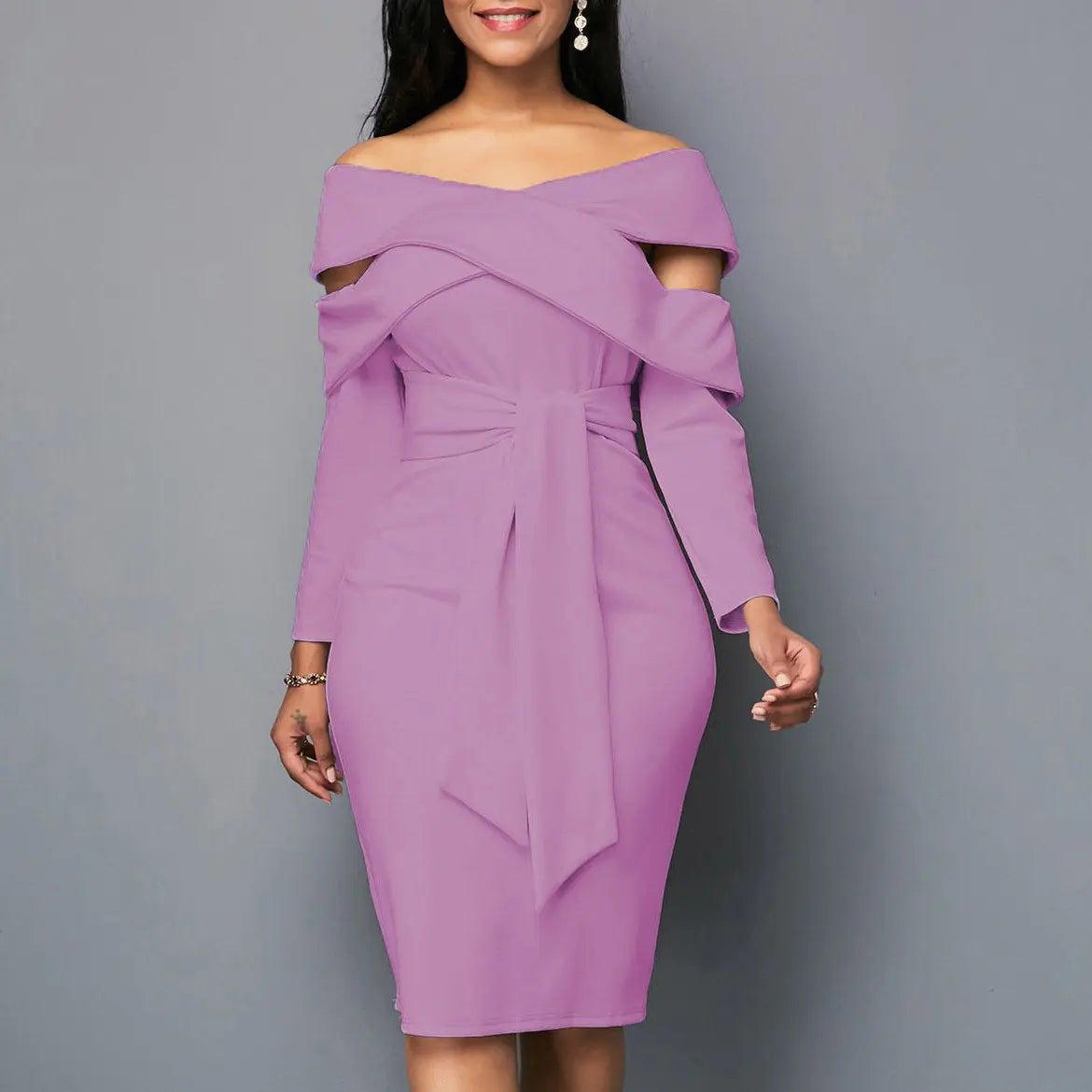 Slim Fit One-Line Neck Long Sleeve Dress in Solid Color