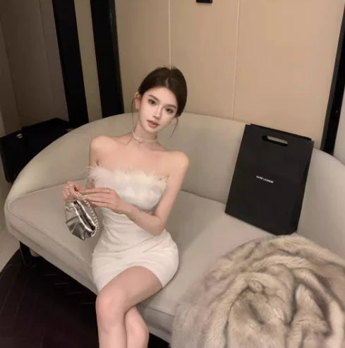 Ostrich Feather Spliced Bodycon Dress with Off-Shoulder