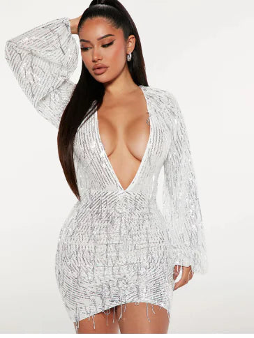 V-neck Sequin Tassel Dress for Women