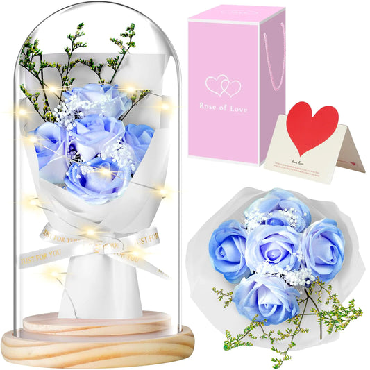 JUNYANG Preserved Flowers Bouquet for Her Preserved Rose Present for Mom Wife Girlfriend Grandma Light Up Rose in Glass Dome for Birthday Anniversary Blue Eternal Rose