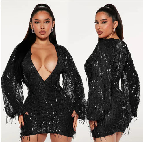 V-neck Sequin Tassel Dress for Women