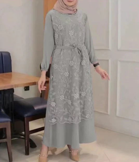 Floral Lace Dress with Round Neck