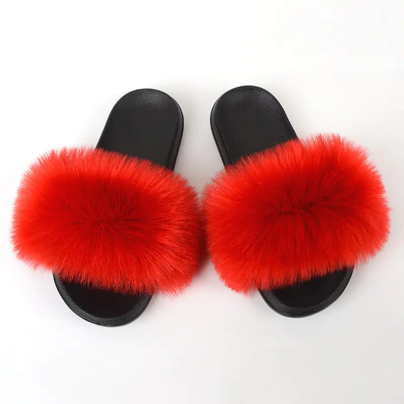 Non-Slip Plush Faux Fox Fur Slippers for Women