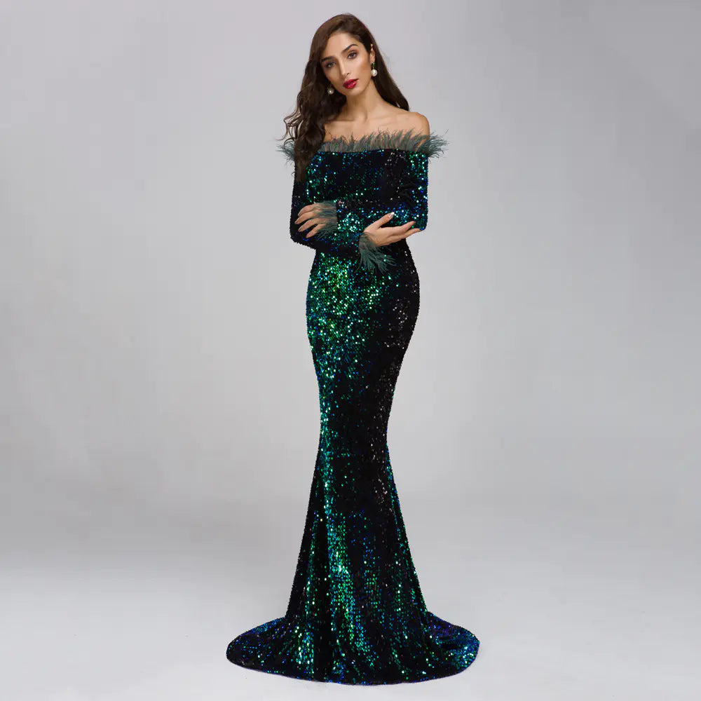 Off-Shoulder Sequin Dress with Feather Long Sleeves